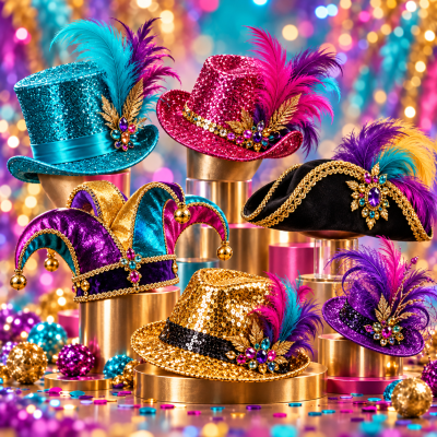 Chapéus de carnaval coloridos com lantejoulas, plumas e pedrarias expostos sobre suportes dourados, fundo com luzes coloridas em desfoco.
