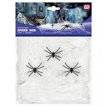 Pacote de rede de aranha branca elástica com 3 aranhas pretas de plástico