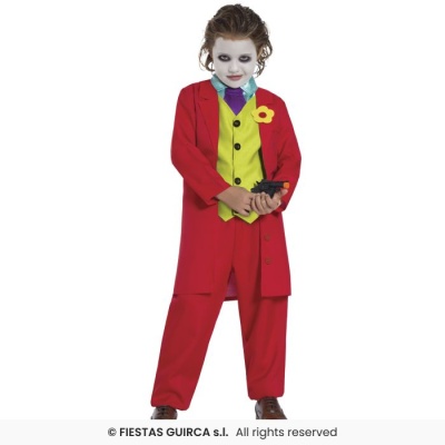 Fato de criança inspirado em personagem com fato de três peças colorido e maquilhagem facial