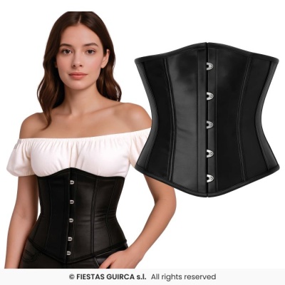 Corset preto em material sintético com fechos metálicos à frente