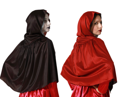 Mulheres de perfil com capas de tecido brilhante preto e vermelho e capuz, fundo branco