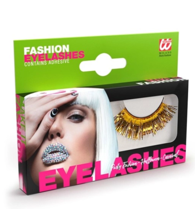 Caixa com pestanas falsas douradas fashion com embalagem verde, preta e rosa e imagem de mulher com lábios brilhantes.