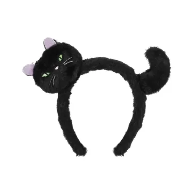Aro de cabeça de pelúcia preta com cabeça e cauda de gato