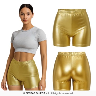 Calções dourados brilhantes com cintura elástica, vistos de frente e costas, e mulher a usar calções e t-shirt cinzenta.