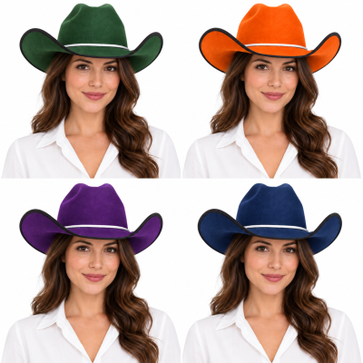 Quatro chapéus de cowboy coloridos com cordão branco usados pela mesma mulher com camisa branca.