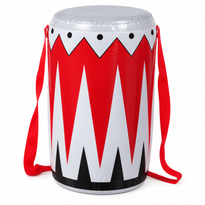 Tambor infantil inflável vermelho, branco e preto com padrão pontiagudo e alça vermelha.