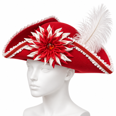 Chapéu tricorn vermelho com decoração em cetim e pena branca