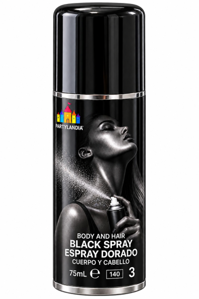 Frasco preto spray para cabelo e corpo com imagem de mulher aplicando spray e texto em preto e branco