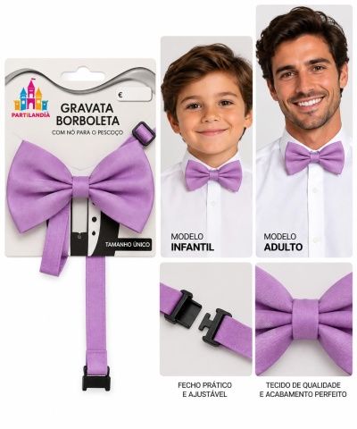 Gravata borboleta lilás ajustável com embalagem e modelos infantil e adulto