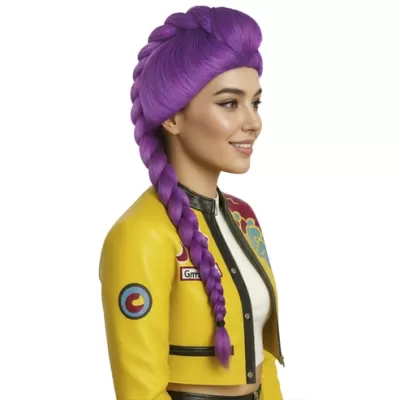 Mulher com cabelo roxo trançado e casaco amarelo com estampas coloridas