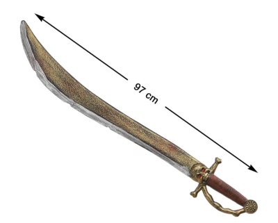 Espada decorativa dourada com caveira e punho castanho