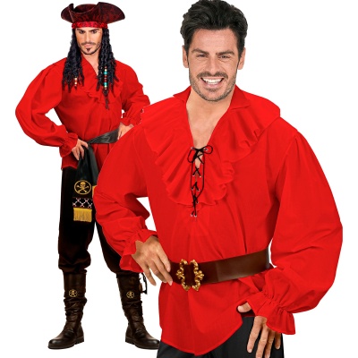 Camisa vermelha de estilo renascentista com gola babados usada por homem com cinto castanho