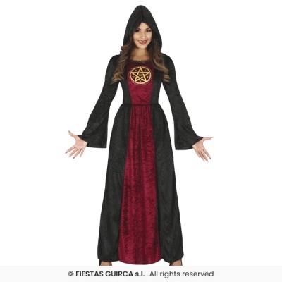 Vestido comprido com capuz preto e vermelho com símbolo dourado