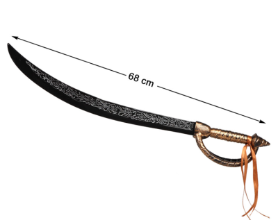Espada decorativa de lâmina curva preta com padrões brancos e empunhadura dourada com fita castanha.