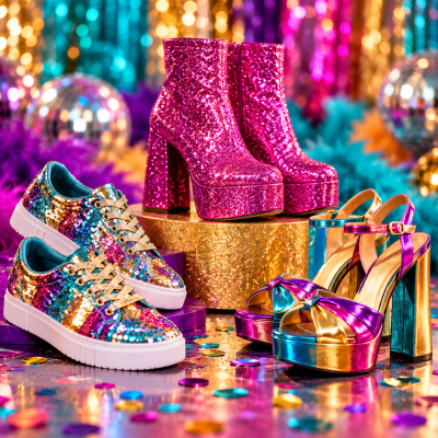 Três pares de sapatos brilhantes coloridos em fundo festivo