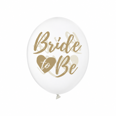 Balão branco com texto dourado Bride to Be e dois corações.
