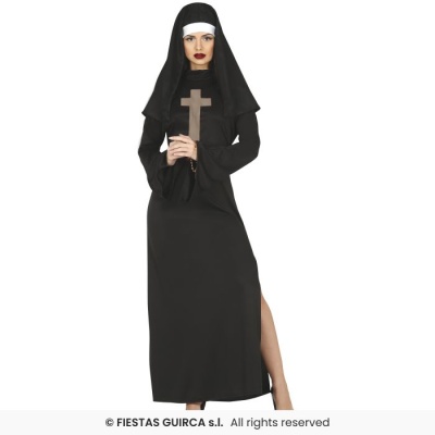 Fato de freira feminino preto com cruz castanha e véu branco e preto