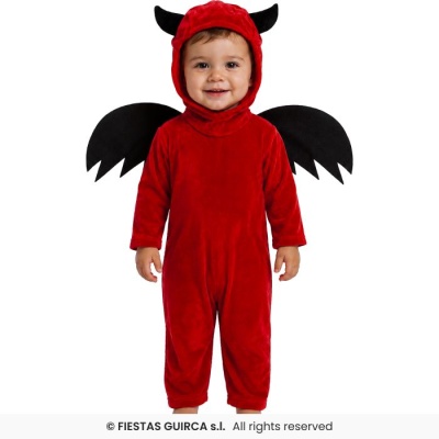 Fato vermelho de carnaval para bebé com asas pretas e capuz com chifres pretos