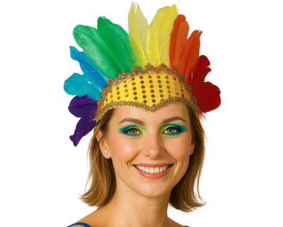 Adereço de cabeça dourado com penas coloridas em mulher sorridente
