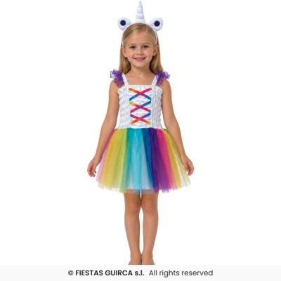 Vestido colorido de unicórnio para criança com faixa de cabeça com chifre.