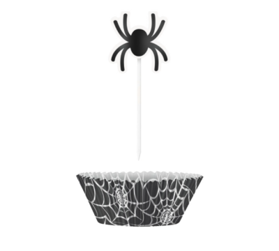 Suporte para bolinhos preto com teias de aranha brancas e palito com aranha preta