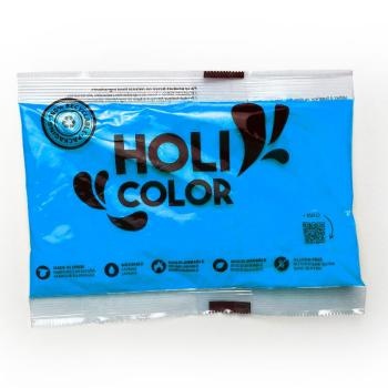 Embalagem azul de plástico do produto Holi Color com texto preto