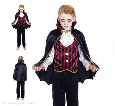 Fato infantil de vampiro com capa preta e colete vermelho com padrões pretos.