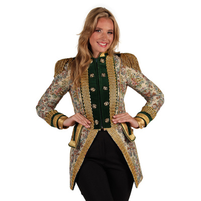 Casaco feminino estilo militar com padrão floral e detalhes dourados