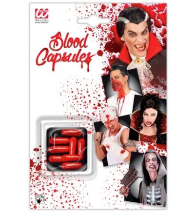 Embalagem de cápsulas vermelhas para disfarces de Halloween com imagens de vampiros e zumbis.