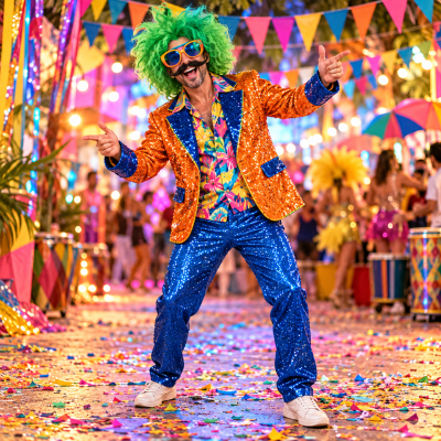 Homem com fato brilhante e peruca verde numa festa colorida