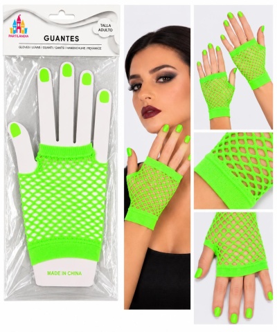 Luvas em malha rede verde neon para adulto com embalagem e modelo a usar.