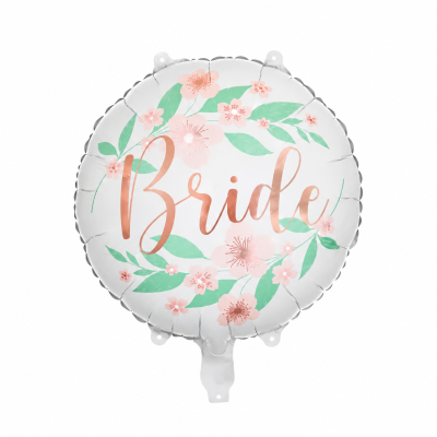 Balão redondo branco com flores e texto Bride em rosa metálico