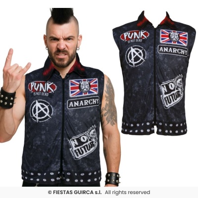 Colete punk preto com tachas e estampas coloridas de frases e símbolos anarcas