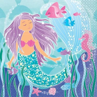 Ilustração colorida de sereia rodeada por peixes e elementos do mar.