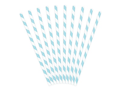 Dez palhinhas de papel brancas com riscas azuis