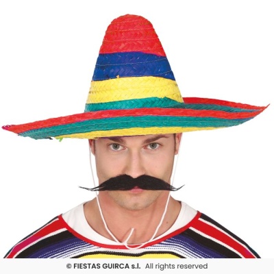 Homem com chapéu mexicano colorido e bigode falso