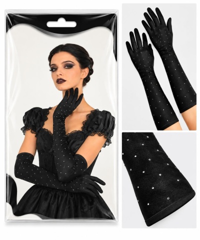 Luvas pretas compridas com cristais pequenos usadas por modelo vestindo vestido preto.