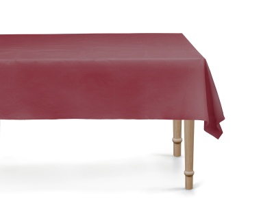 Mesa com toalha de mesa vermelha e pernas de madeira clara