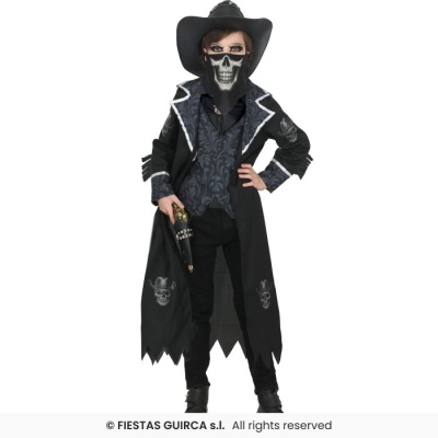 Fantasia de cowboy com máscara de caveira e chapéu preto