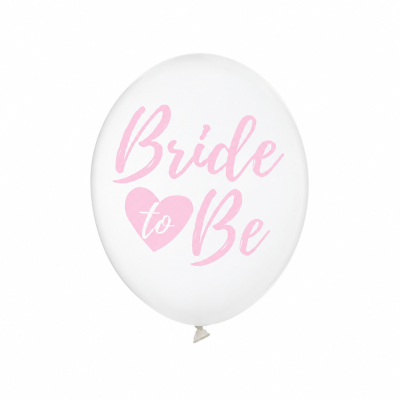 Balão branco com texto rosa e branco Bride to Be e coração rosa.