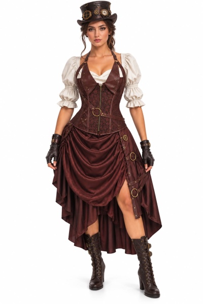 Mulher vestindo fantasia steampunk castanha com chapéu, corpete, saia assimétrica, luvas e botas