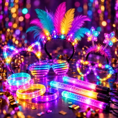 Acessórios de festa luminosos coloridos com penas, estrelas, óculos e pulseiras
