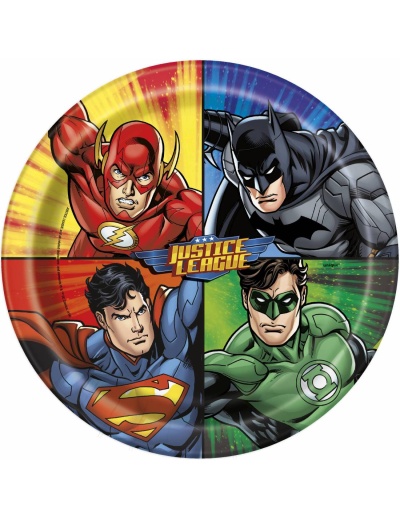Prato de papel com personagens da Justice League em várias cores