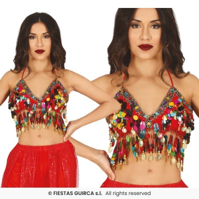 Top cropped vermelho com lantejoulas coloridas e franjas com moedas douradas