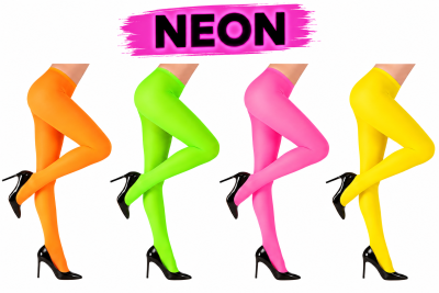 Quatro pares de meias/calças neon coloridas usadas com sapatos pretos de salto alto
