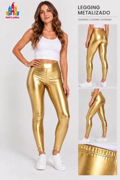 Legging dourado metálico com modelo em top branco e ténis brancos