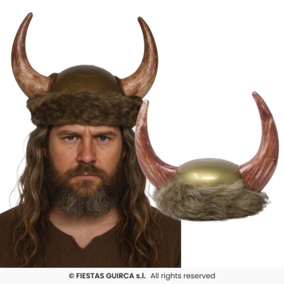 Capacete viking com chifres e imitação de pele castanha