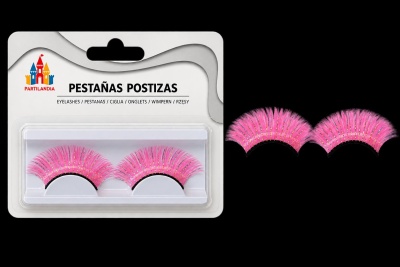 Conjunto de pestanas postizas cor-de-rosa com listras douradas na embalagem branca PARTILANDIA