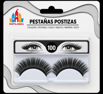 Pestanas postizas pretas em embalagem com logo PARTILANDIA e texto em várias línguas.