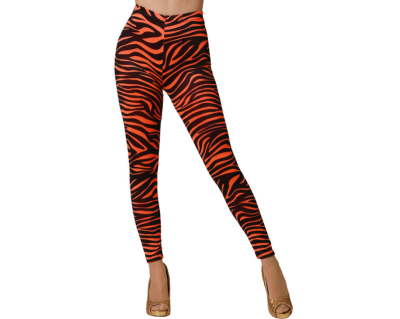 Leggings zebrado laranja e preto com salto alto dourado
